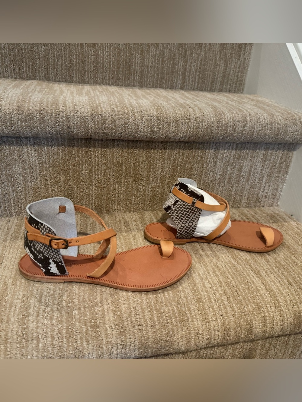 Joie Tan & Snake-Print Flat Leather Ankle-Strap Sandals, NWT